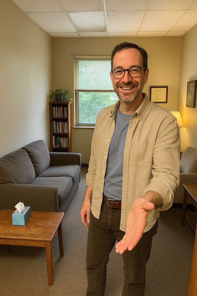 Therapist warmly inviting you into his office